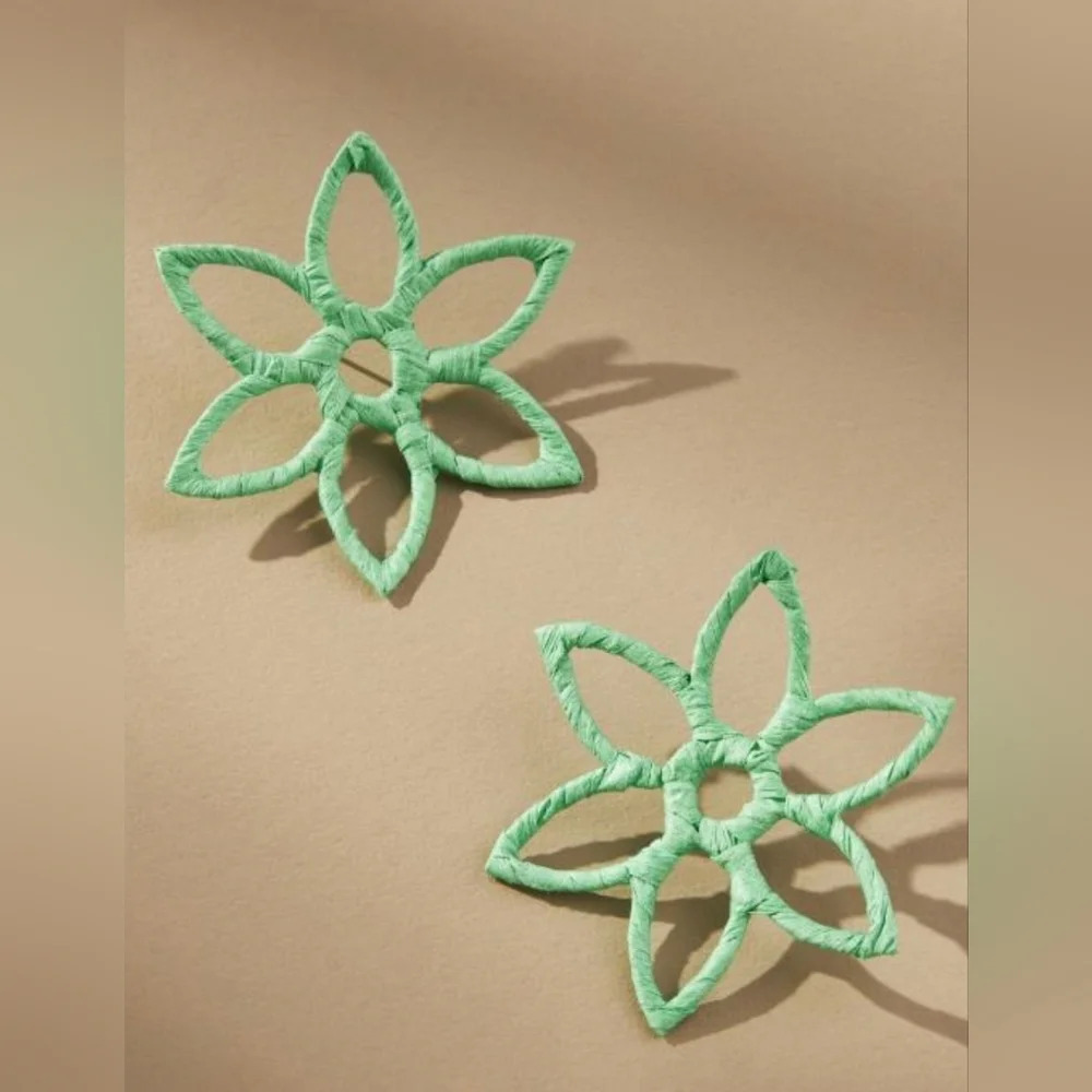 Anthropologie, Open Flower Raffia Woven Earrings,  Lime - NEW!
